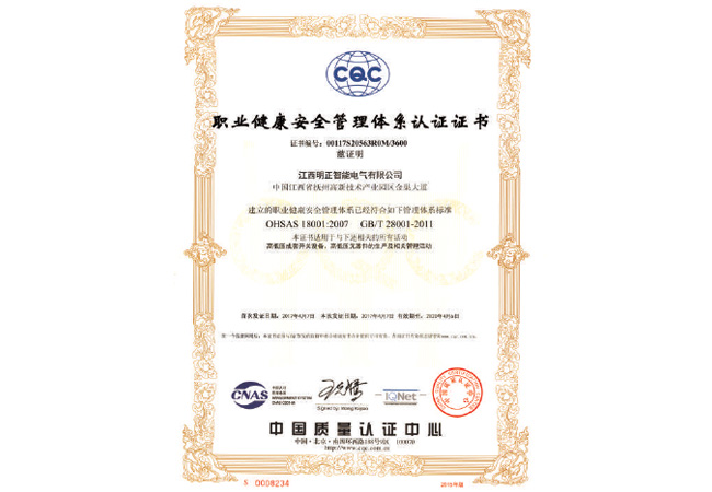 職業(yè)健康安全管理體系認(rèn)證證書(shū)
